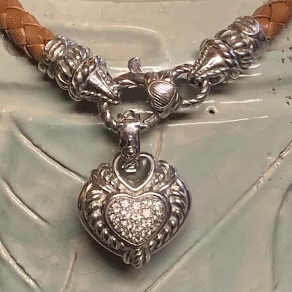 Judith Ripka Brown & Red Leather cords w/ Sterling Silver & CZ Heart Enhancer - Picture 4 of 9